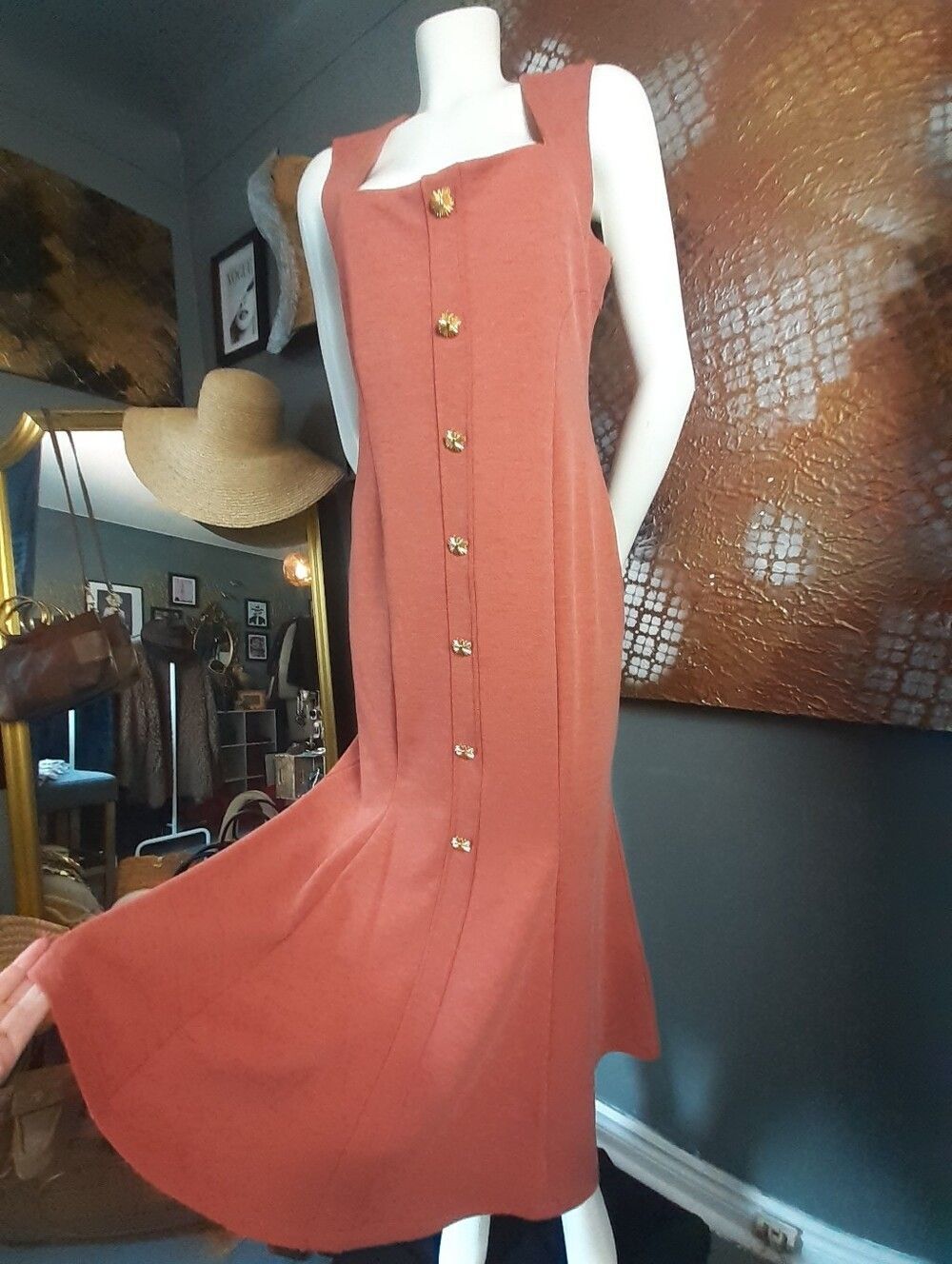 Zara Sleeveless Square-Neck Terracotta Midi Dress with Gold FauxButtons